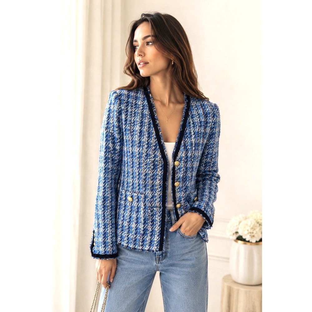 NEW! ZARA Tweed Blazer Jacket Gold Buttons Blue SZ S